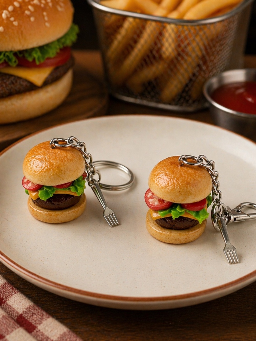 Cheeseburger Keychain or Bag Clip – Handmade Mini Burger Charm – Food Keychain